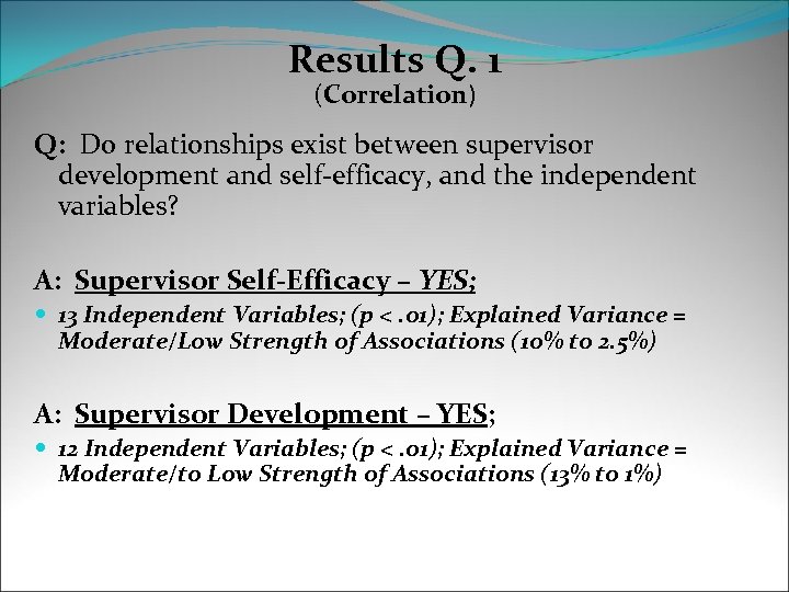 Results Q. 1 (Correlation) Q: Do relationships exist between supervisor development and self-efficacy, and