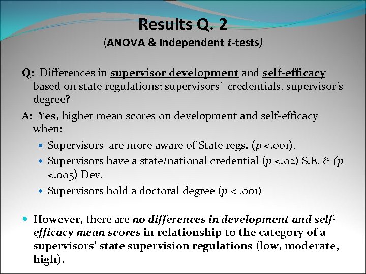 Results Q. 2 (ANOVA & Independent t-tests) Q: Differences in supervisor development and self-efficacy