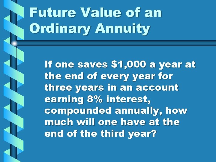 Future Value of an Ordinary Annuity If one saves $1, 000 a year at