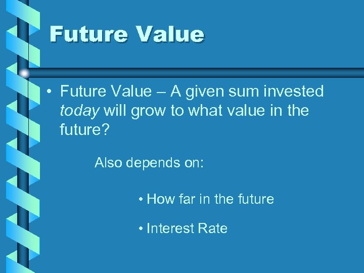 Future Value • Future Value – A given sum invested today will grow to