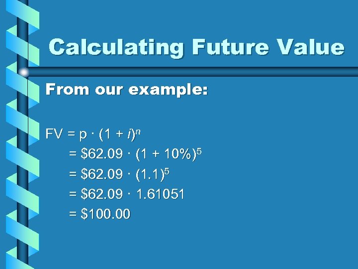 Calculating Future Value From our example: FV = p · (1 + i)n =