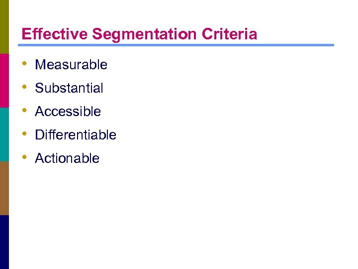 Effective Segmentation Criteria • • • Measurable Substantial Accessible Differentiable Actionable 