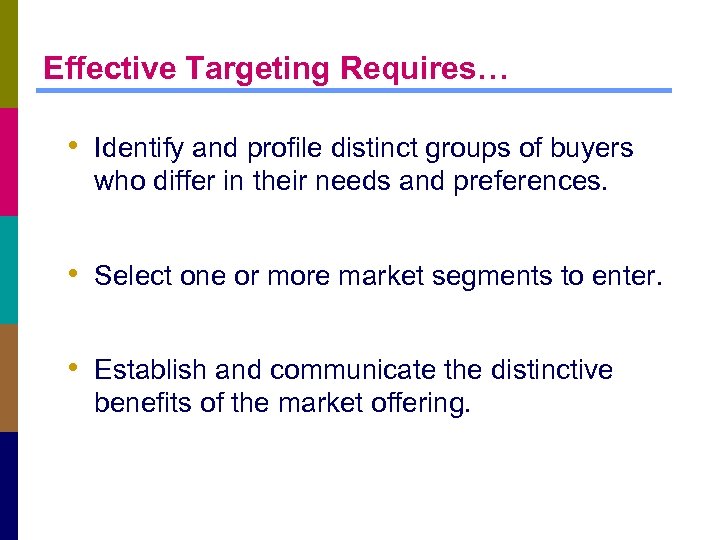 Effective Targeting Requires… • Identify and profile distinct groups of buyers who differ in