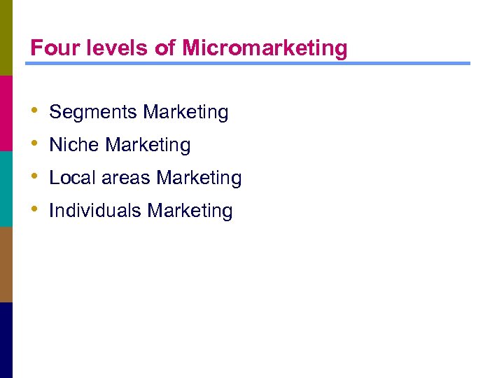 Four levels of Micromarketing • • Segments Marketing Niche Marketing Local areas Marketing Individuals