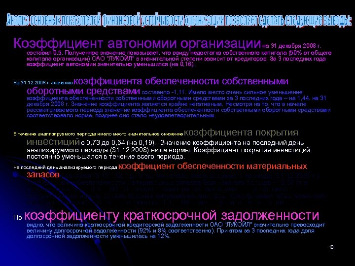 Коэффициент автономии организации на 31 декабря 2008 г. составил 0, 5. Полученное значение показывает,