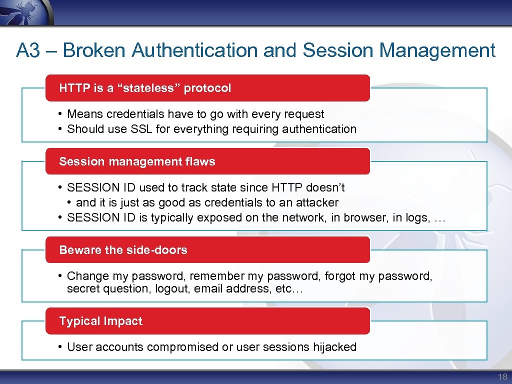 A 3 – Broken Authentication and Session Management HTTP is a “stateless” protocol •