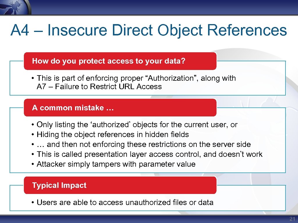 A 4 – Insecure Direct Object References How do you protect access to your