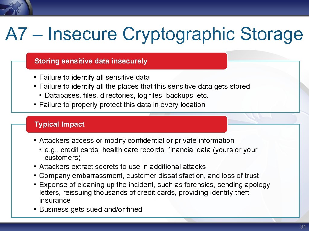 A 7 – Insecure Cryptographic Storage Storing sensitive data insecurely • Failure to identify