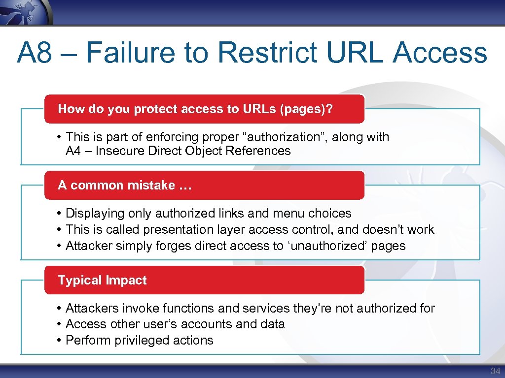 A 8 – Failure to Restrict URL Access How do you protect access to