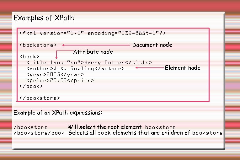 Examples of XPath <? xml version="1. 0" encoding="ISO-8859 -1"? > <bookstore> Attribute node Document