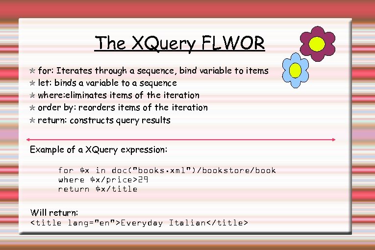 The XQuery FLWOR for: Iterates through a sequence, bind variable to items let: binds