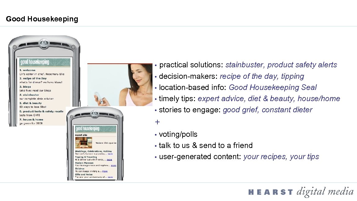 Good Housekeeping practical solutions: stainbuster, product safety alerts • decision-makers: recipe of the day,