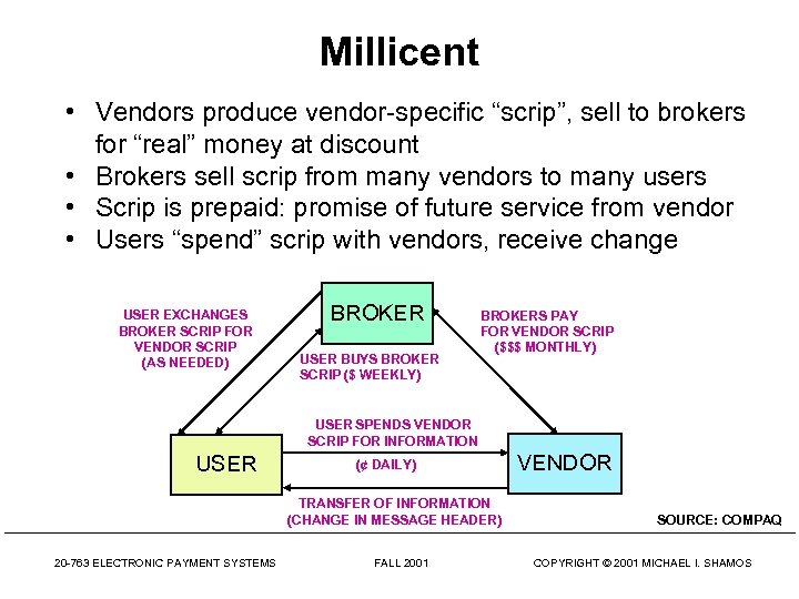 Millicent • Vendors produce vendor-specific “scrip”, sell to brokers for “real” money at discount