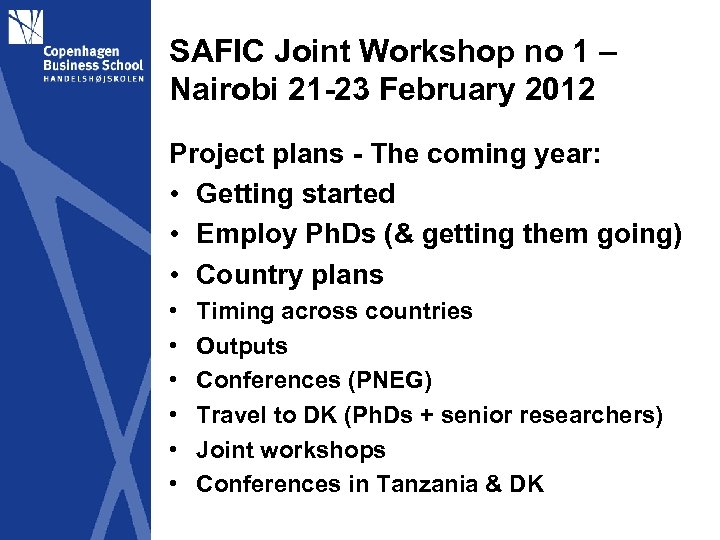 SAFIC Joint Workshop no 1 – Nairobi 21 -23 February 2012 Project plans -