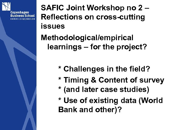 SAFIC Joint Workshop no 2 – Reflections on cross-cutting issues Methodological/empirical learnings – for