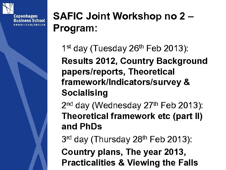 SAFIC Joint Workshop no 2 – Program: 1 st day (Tuesday 26 th Feb