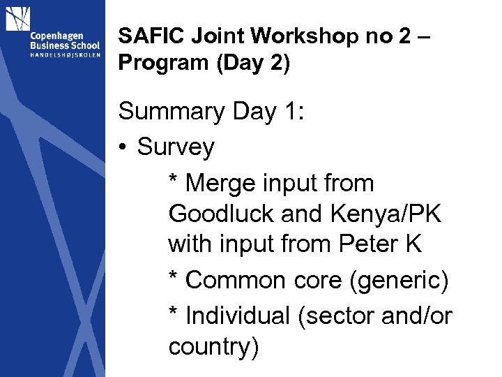 SAFIC Joint Workshop no 2 – Program (Day 2) Summary Day 1: • Survey