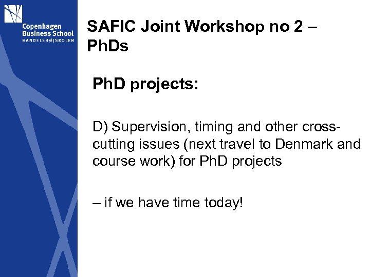 SAFIC Joint Workshop no 2 – Ph. Ds Ph. D projects: D) Supervision, timing