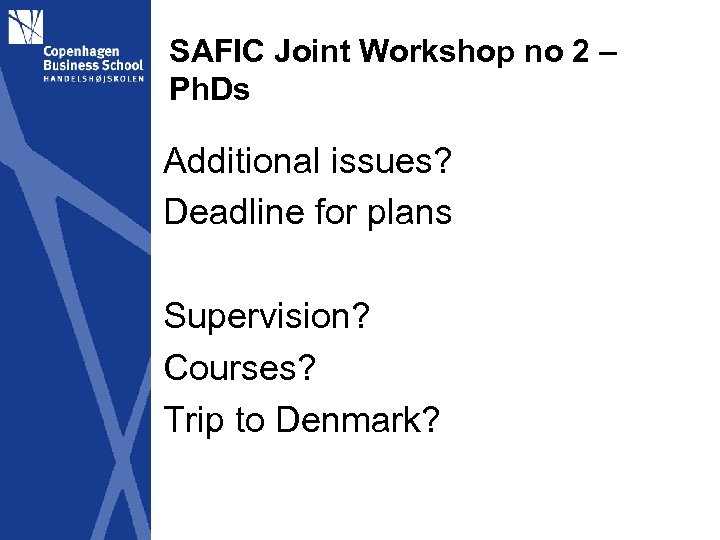 SAFIC Joint Workshop no 2 – Ph. Ds Additional issues? Deadline for plans Supervision?