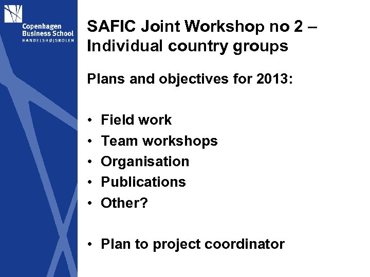 SAFIC Joint Workshop no 2 – Individual country groups Plans and objectives for 2013: