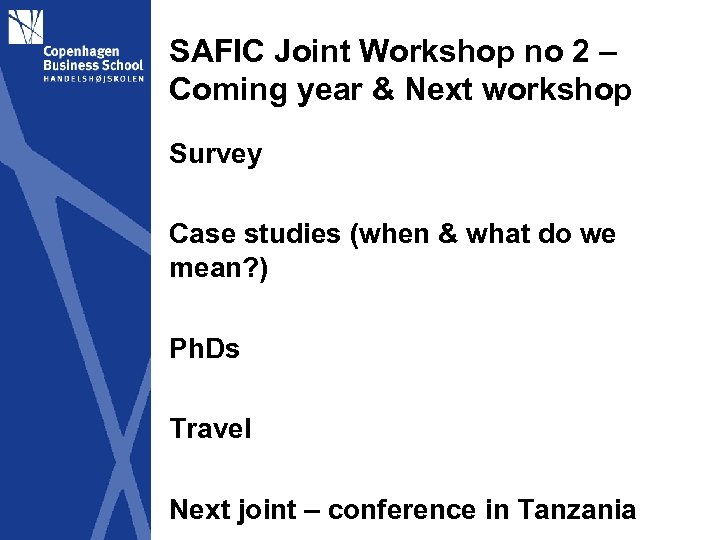 SAFIC Joint Workshop no 2 – Coming year & Next workshop Survey Case studies