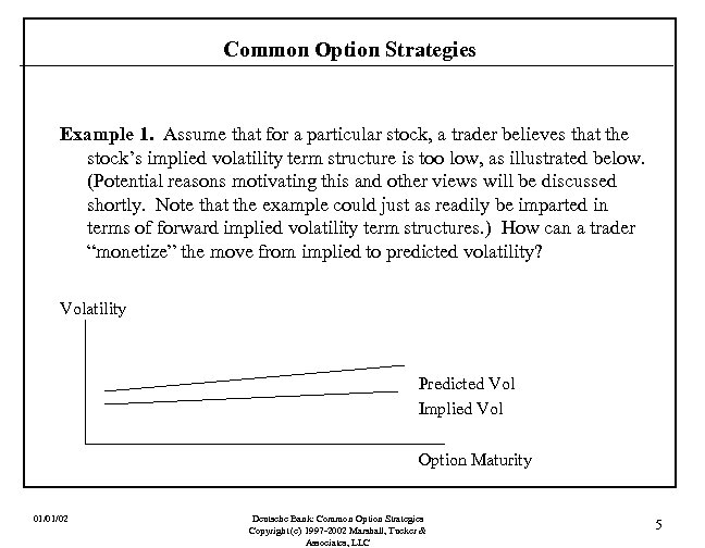 Common Option Strategies Example 1. Assume that for a particular stock, a trader believes