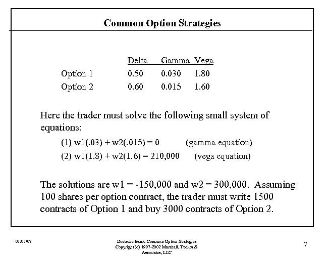 Common Option Strategies Option 1 Option 2 Delta 0. 50 0. 60 Gamma Vega