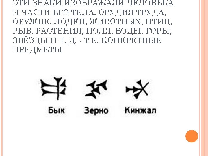 ЭТИ ЗНАКИ ИЗОБРАЖАЛИ ЧЕЛОВЕКА И ЧАСТИ ЕГО ТЕЛА, ОРУДИЯ ТРУДА, ОРУЖИЕ, ЛОДКИ, ЖИВОТНЫХ, ПТИЦ,