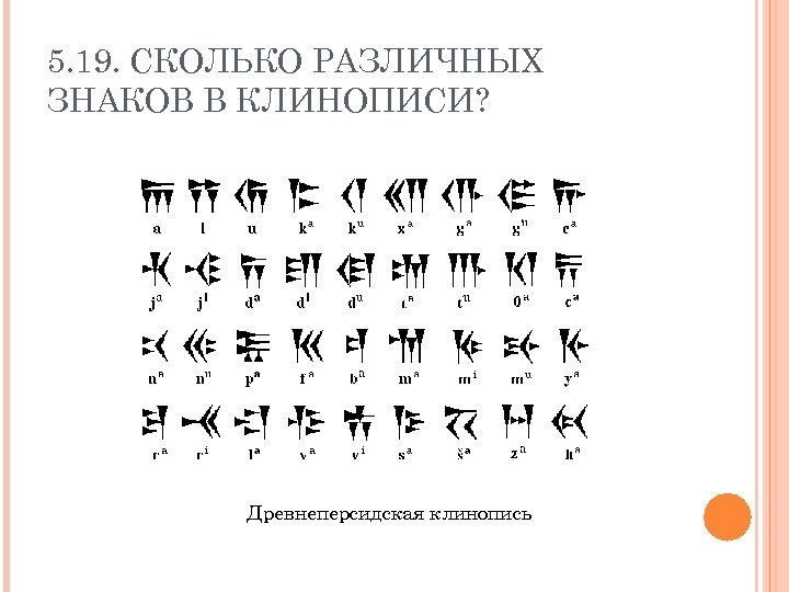 5. 19. СКОЛЬКО РАЗЛИЧНЫХ ЗНАКОВ В КЛИНОПИСИ? Древнеперсидская клинопись 