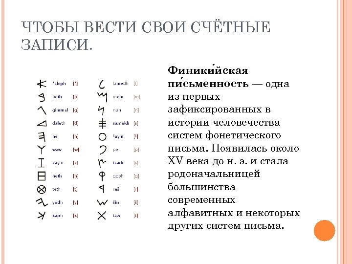 ЧТОБЫ ВЕСТИ СВОИ СЧЁТНЫЕ ЗАПИСИ. Финики йская пи сьменность — одна из первых зафиксированных