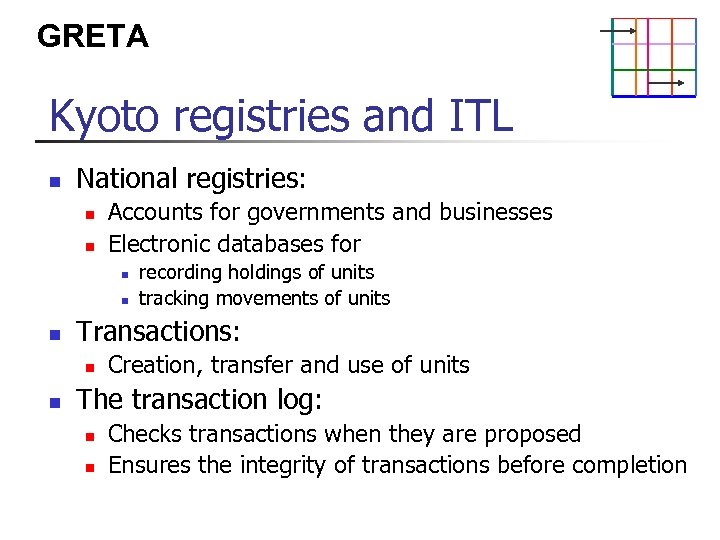 GRETA Kyoto registries and ITL n National registries: n n Accounts for governments and