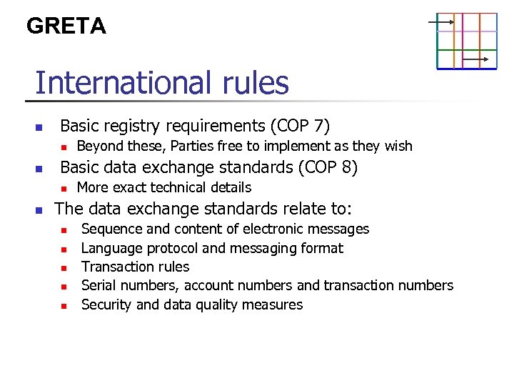 GRETA International rules n Basic registry requirements (COP 7) n n Basic data exchange