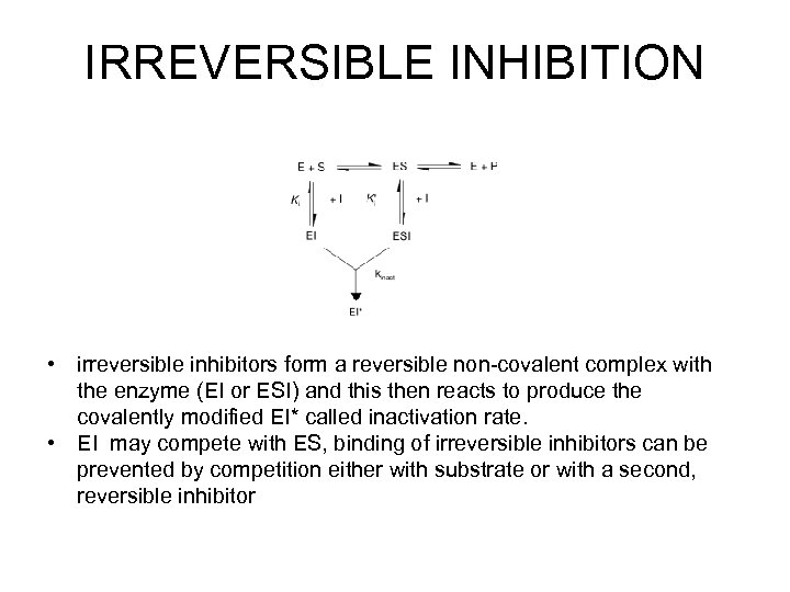 IRREVERSIBLE INHIBITION • irreversible inhibitors form a reversible non-covalent complex with the enzyme (EI