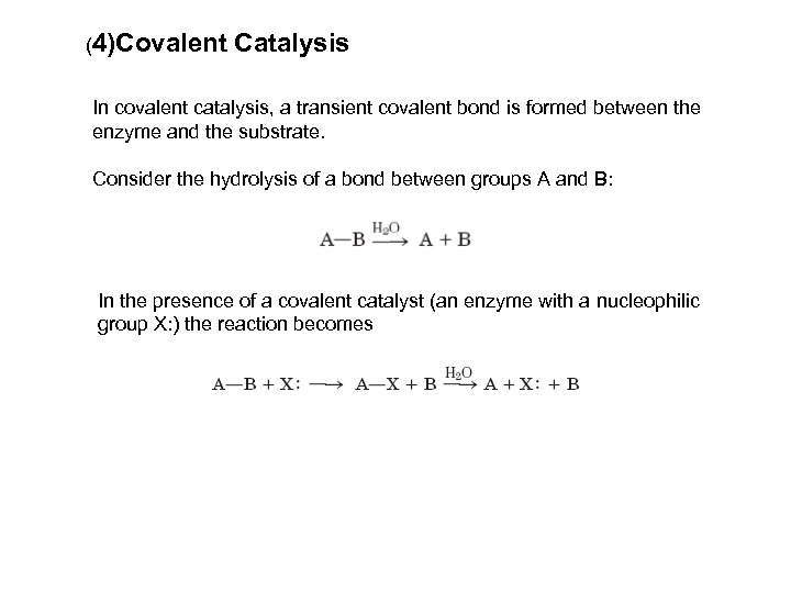 (4)Covalent Catalysis In covalent catalysis, a transient covalent bond is formed between the enzyme