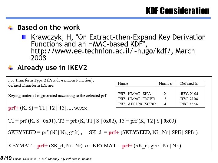 KDF Consideration Based on the work Krawczyk, H, 