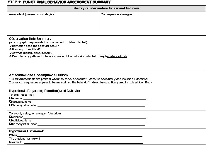 STEP 3: FUNCTIONAL BEHAVIOR ASSESSMENT SUMMARY History of intervention for current behavior Antecedent (prevention)