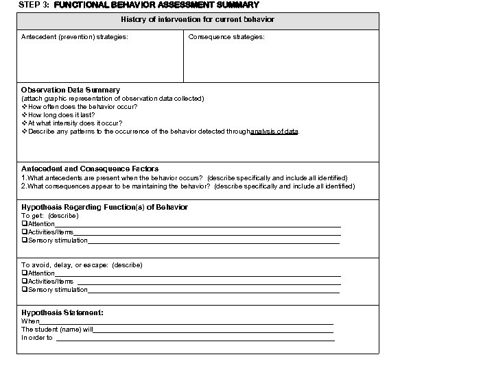 STEP 3: FUNCTIONAL BEHAVIOR ASSESSMENT SUMMARY History of intervention for current behavior Antecedent (prevention)