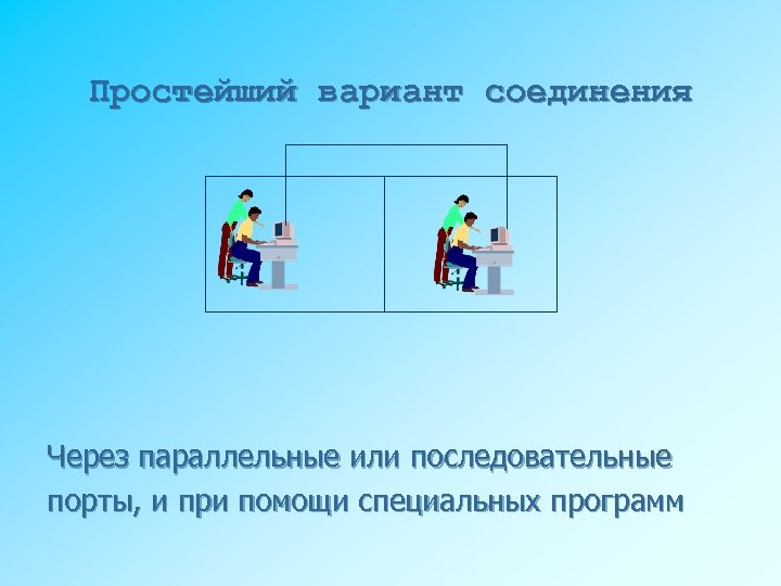 Простейший вариант соединения Через параллельные или последовательные порты, и при помощи специальных программ 