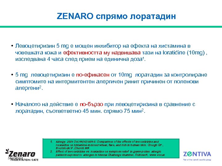 ZENARO спрямо лоратадин • Левоцетиризин 5 mg е мощен инхибитор на ефекта на хистамина