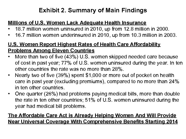 Exhibit 2. Summary of Main Findings Millions of U. S. Women Lack Adequate Health