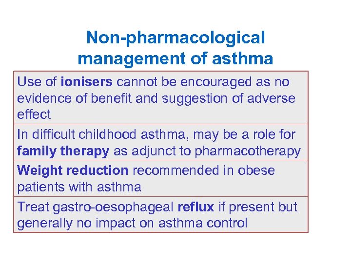 Non-pharmacological management of asthma Use of ionisers cannot be encouraged as no evidence of