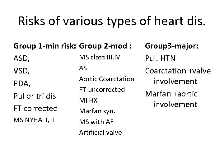 Risks of various types of heart dis. Group 1 -min risk: ASD, VSD, PDA,