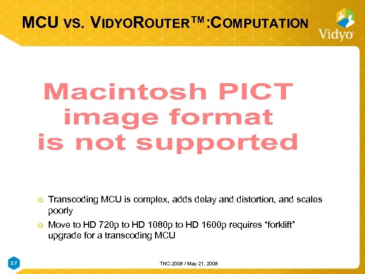 MCU VS. VIDYOROUTER™: COMPUTATION 17 Transcoding MCU is complex, adds delay and distortion, and