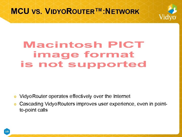 MCU VS. VIDYOROUTER™: NETWORK Vidyo. Router operates effectively over the Internet Cascading Vidyo. Routers