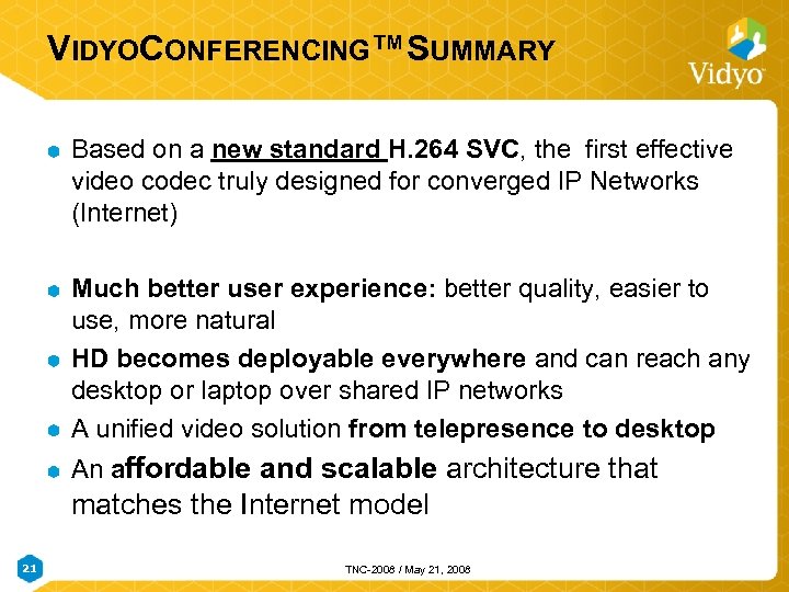 VIDYOCONFERENCING™SUMMARY Based on a new standard H. 264 SVC, the first effective video codec