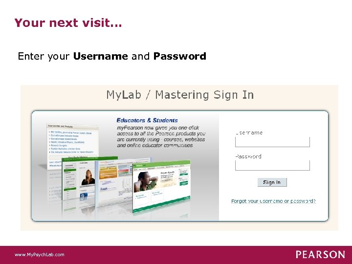 Your next visit… Enter your Username and Password www. My. Psych. Lab. com 