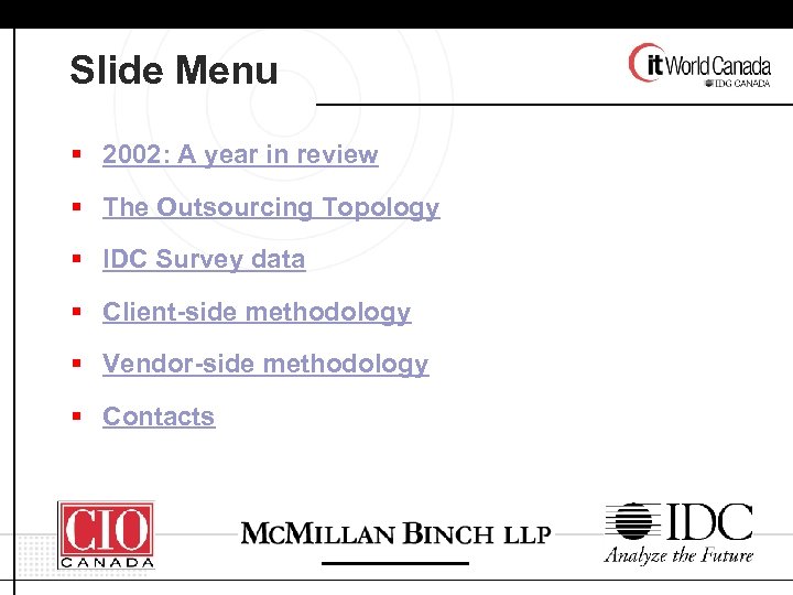 Slide Menu § 2002: A year in review § The Outsourcing Topology § IDC