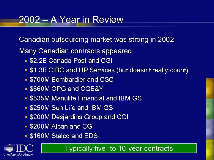 2002 – A Year in Review Canadian outsourcing market was strong in 2002 Many