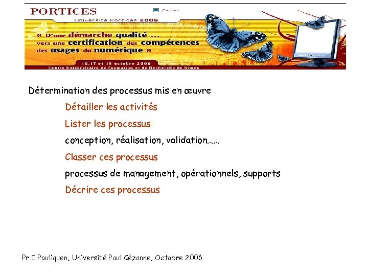 Détermination des processus mis en œuvre Détailler les activités Lister les processus: conception, réalisation,