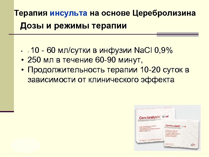 Терапия инсульта на основе Церебролизина Дозы и режимы терапии 10 - 60 мл/сутки в